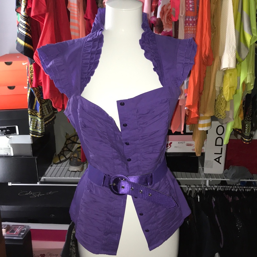Purple 2b button shirt with ruffle sleeves